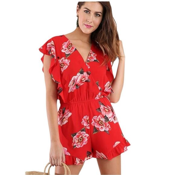 Umgee Red Floral Surplice Ruffle Romper size Small - Picture 1 of 10